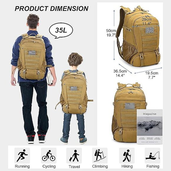 Tactical Backpack for Men Hiking Day Pack Molle Military Rucksack 35L-TAN - Picture 7 of 8